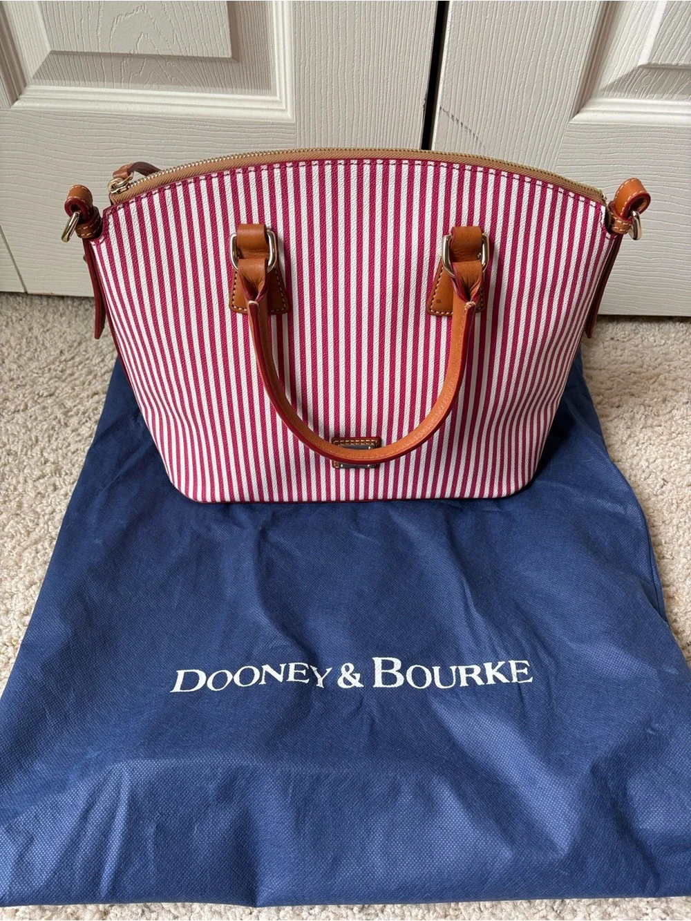 Dooney & Bourke Red and White Striped Satchel with Brown Trim